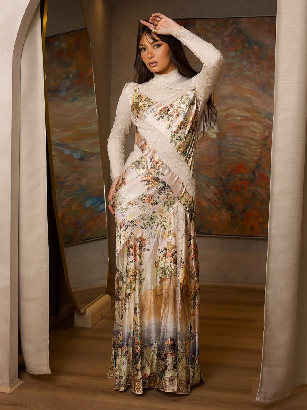Camilla / Floral Silk print lace trim dress